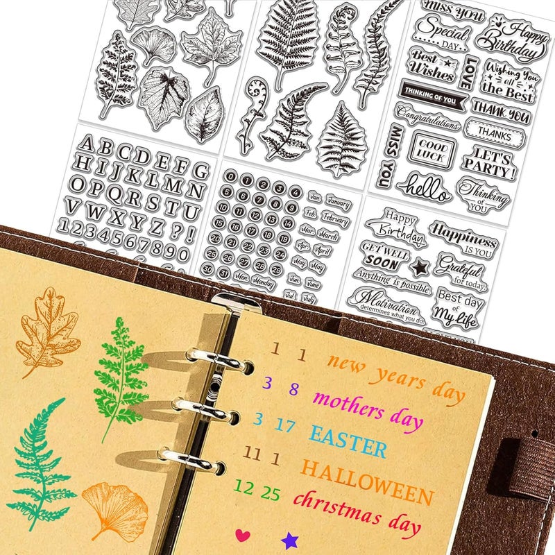 twinklemon 6 Sheets Clear Stamps for Card Making Includes 20 Ink Pad 6 Acrylic Stamp Block Silicone Stamps with Blessing Greeting Leaves Letters Date Stamp for Crafting DIY Scrapbooking Journal - Image 4